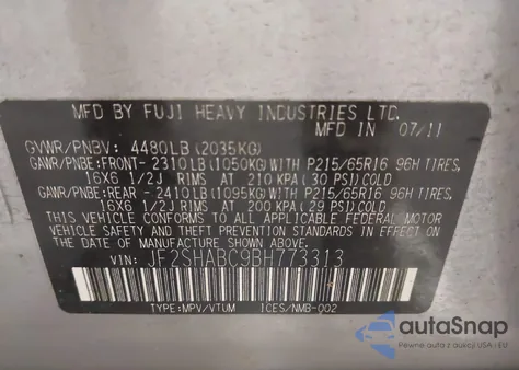 2011 Subaru Forester 2.5X from USA, damaged, VIN JF2SHABC9BH773313